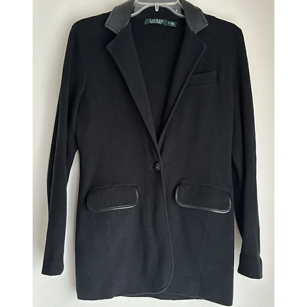 Lauren Ralph Lauren Womens Size‎ XS Black Faux Leather Trim Cotton Knit Blazer